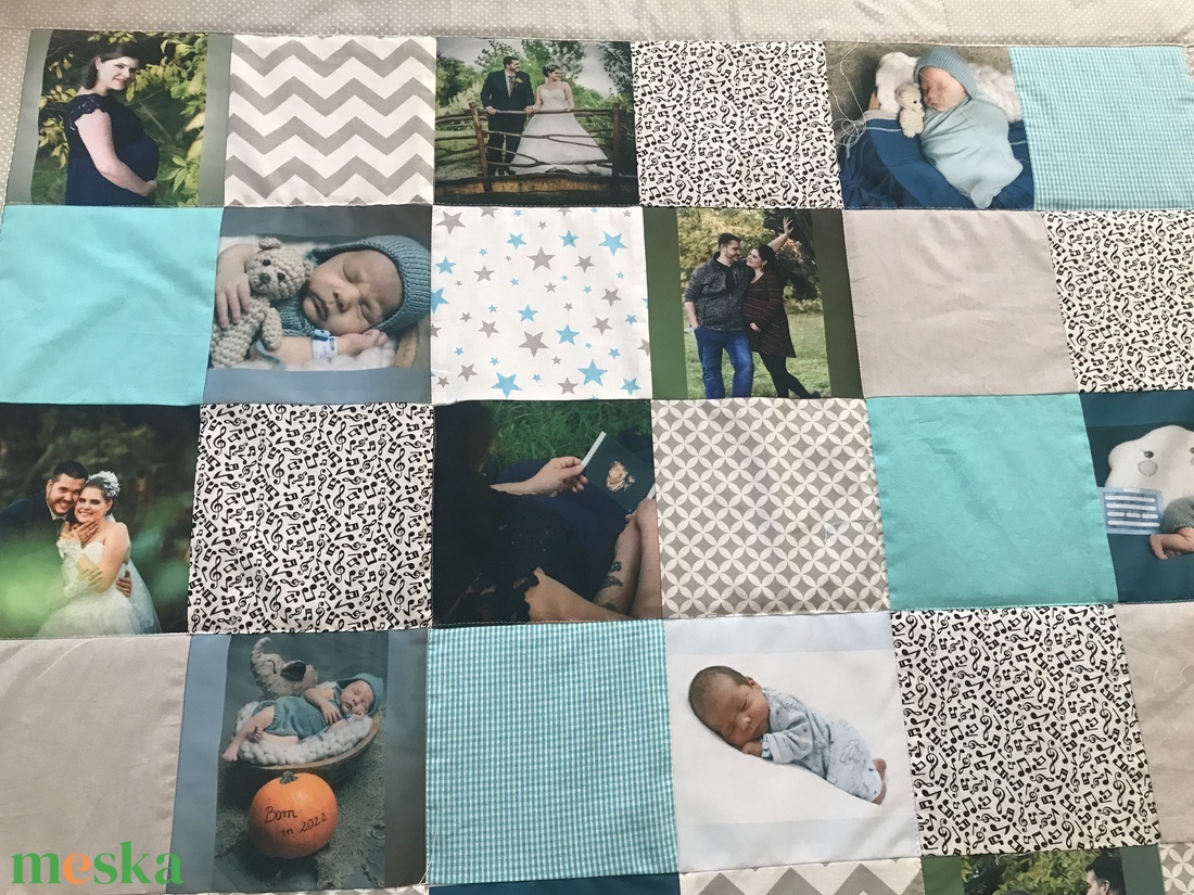Fényképes patchwork babatakaró kék, szürke, fehér, falvédő - otthon & életmód - lakástextil - felnőtt takaró, pléd - Meska.hu