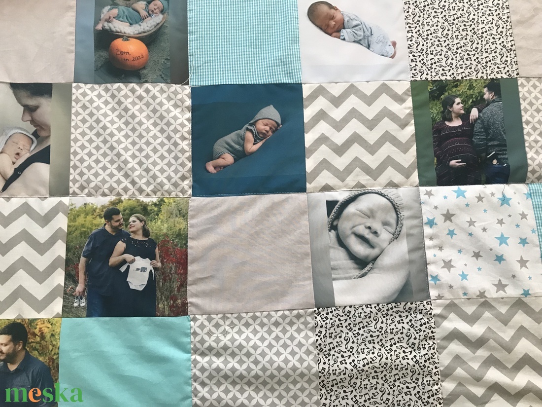 Fényképes patchwork babatakaró kék, szürke, fehér, falvédő - otthon & életmód - lakástextil - felnőtt takaró, pléd - Meska.hu