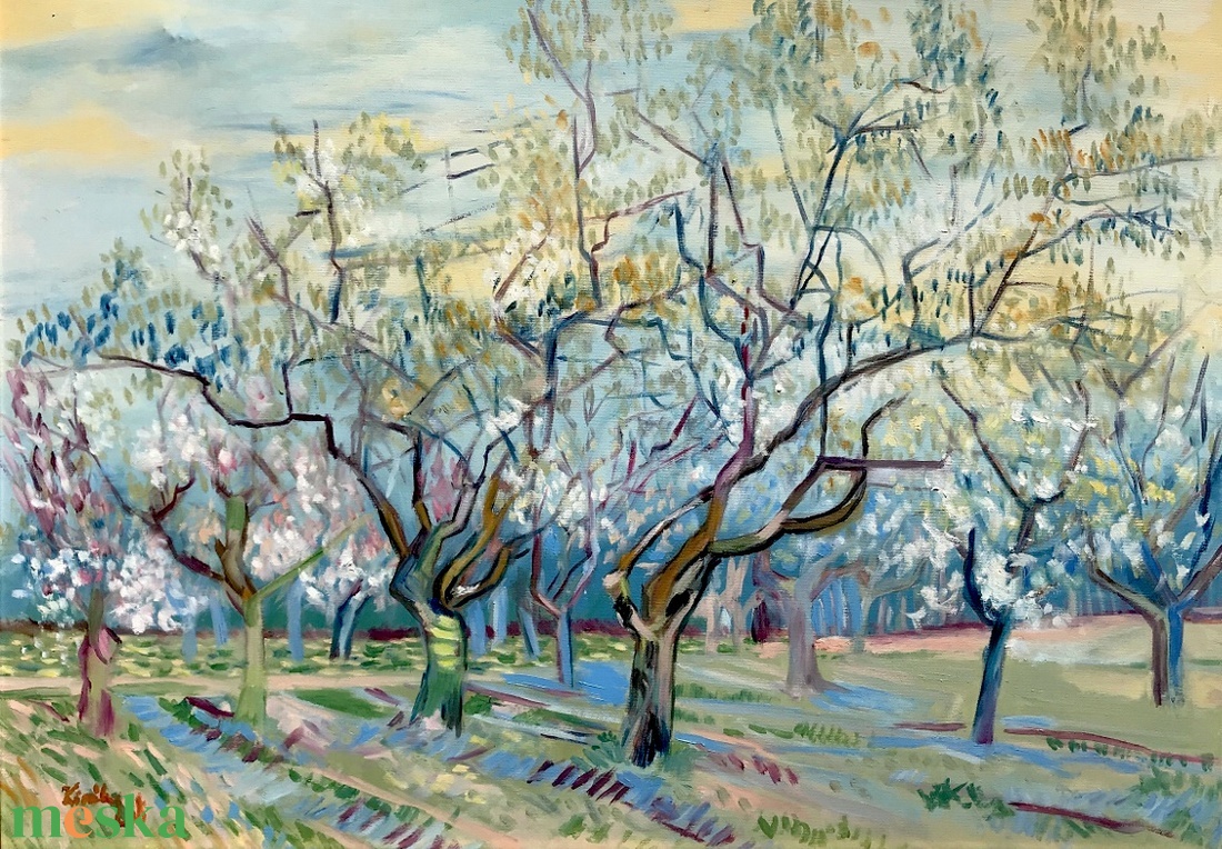 Gyümölcsös virágzó szilvafákkal - Van Gogh nyomán - olajfestmény - művészet - festmény - olajfestmény - Meska.hu