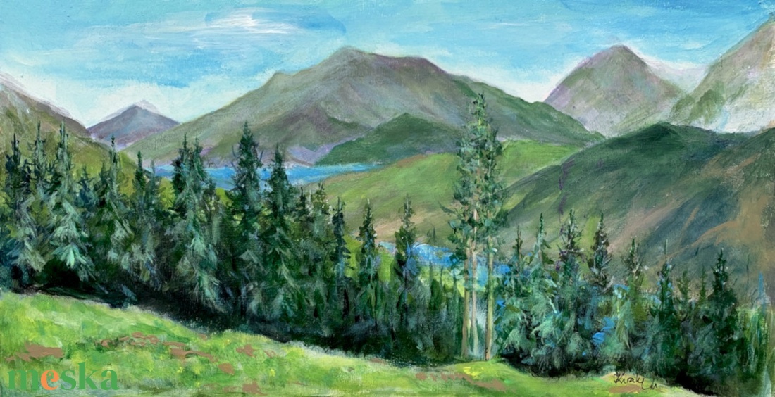 A fenyves mögött - akrilfestékkel lécre festett kép - 19,5 x 37,5 cm - művészet - festmény - akril - Meska.hu A fenyves mögött - akrilfestékkel lécre festett kép - 19,5 x 37,5 cm - művészet - festmény - akril - Meska.hu