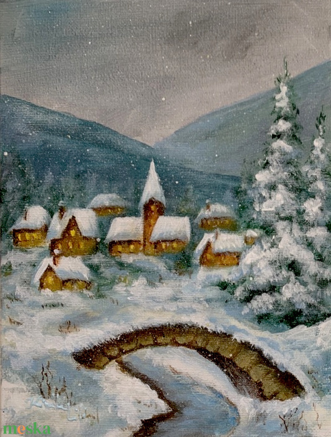 Tél egy kis hegyi faluban - akrilfestmény - 24 x 18 cm - művészet - festmény - akril - Meska.hu
