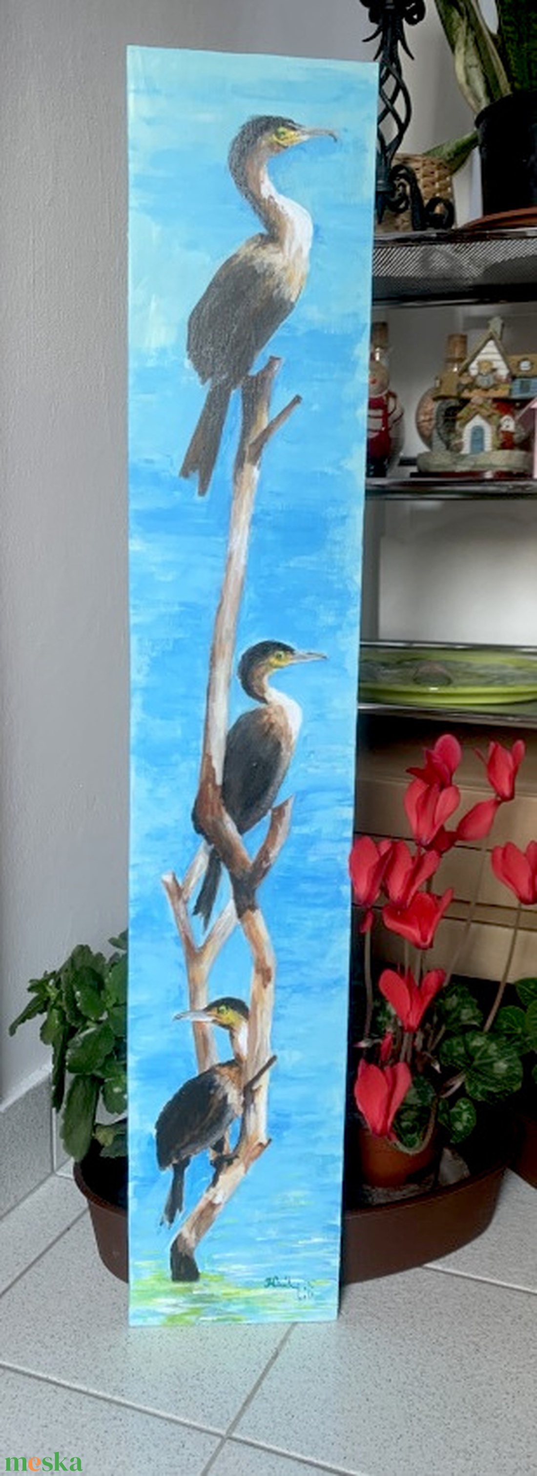 Vízparti megfigyelők - deszkakép - akril (80 x 14) - madár, madarak - művészet - festmény - akril - Meska.hu