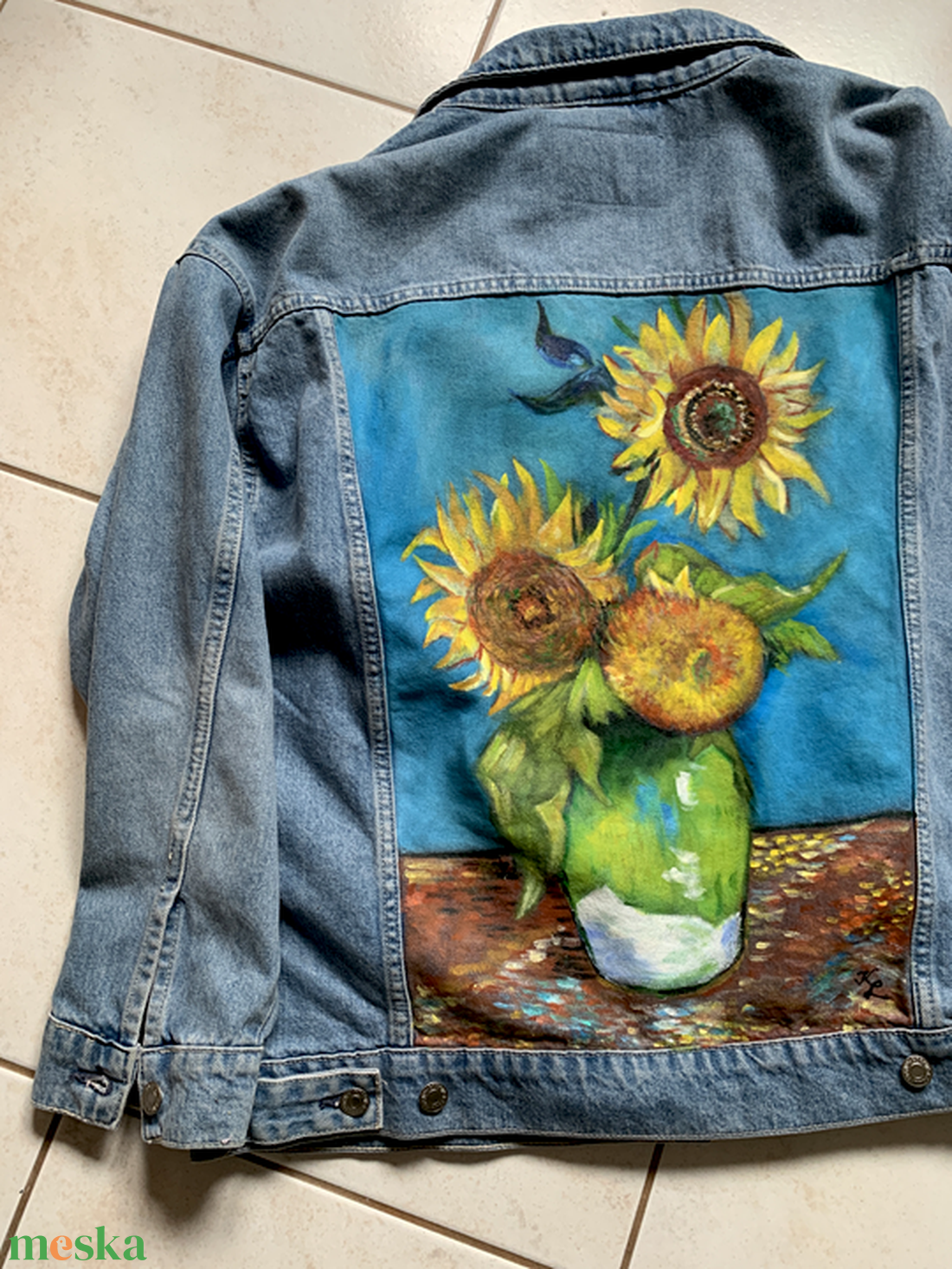 Kézzel festett farmerdzseki Van Gogh képpel - HM dzseki - ruha & divat - női ruha - kabát - Meska.hu