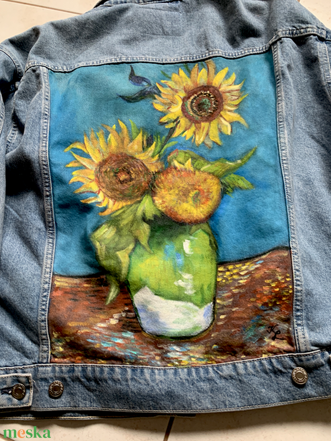 Kézzel festett farmerdzseki Van Gogh képpel - HM dzseki - ruha & divat - női ruha - kabát - Meska.hu