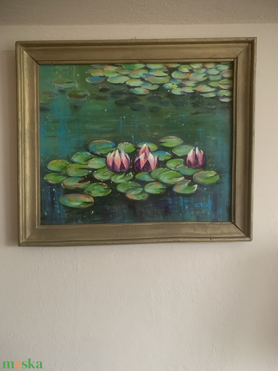 Nyugalomban ringatózva - keretezett akrilfestmény - 31 x 37,5 cm - vízi liliom, water lily - művészet - festmény - akril - Meska.hu