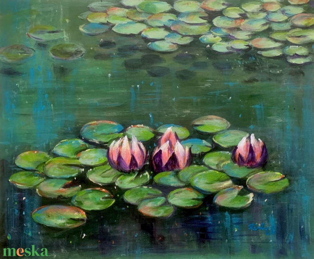 Nyugalomban ringatózva - keretezett akrilfestmény - 31 x 37,5 cm - vízi liliom, water lily - művészet - festmény - akril - Meska.hu