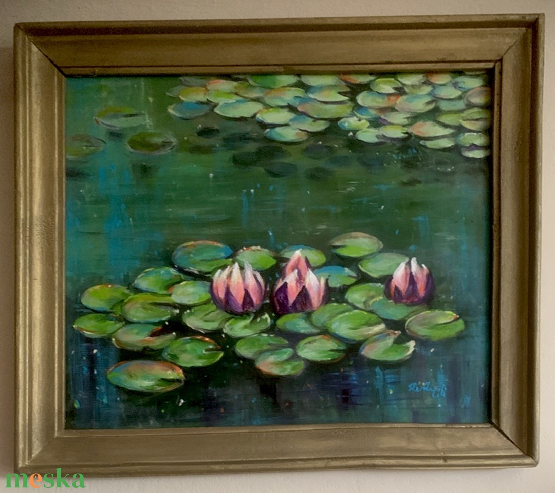 Nyugalomban ringatózva - keretezett akrilfestmény - 31 x 37,5 cm - vízi liliom, water lily - művészet - festmény - akril - Meska.hu