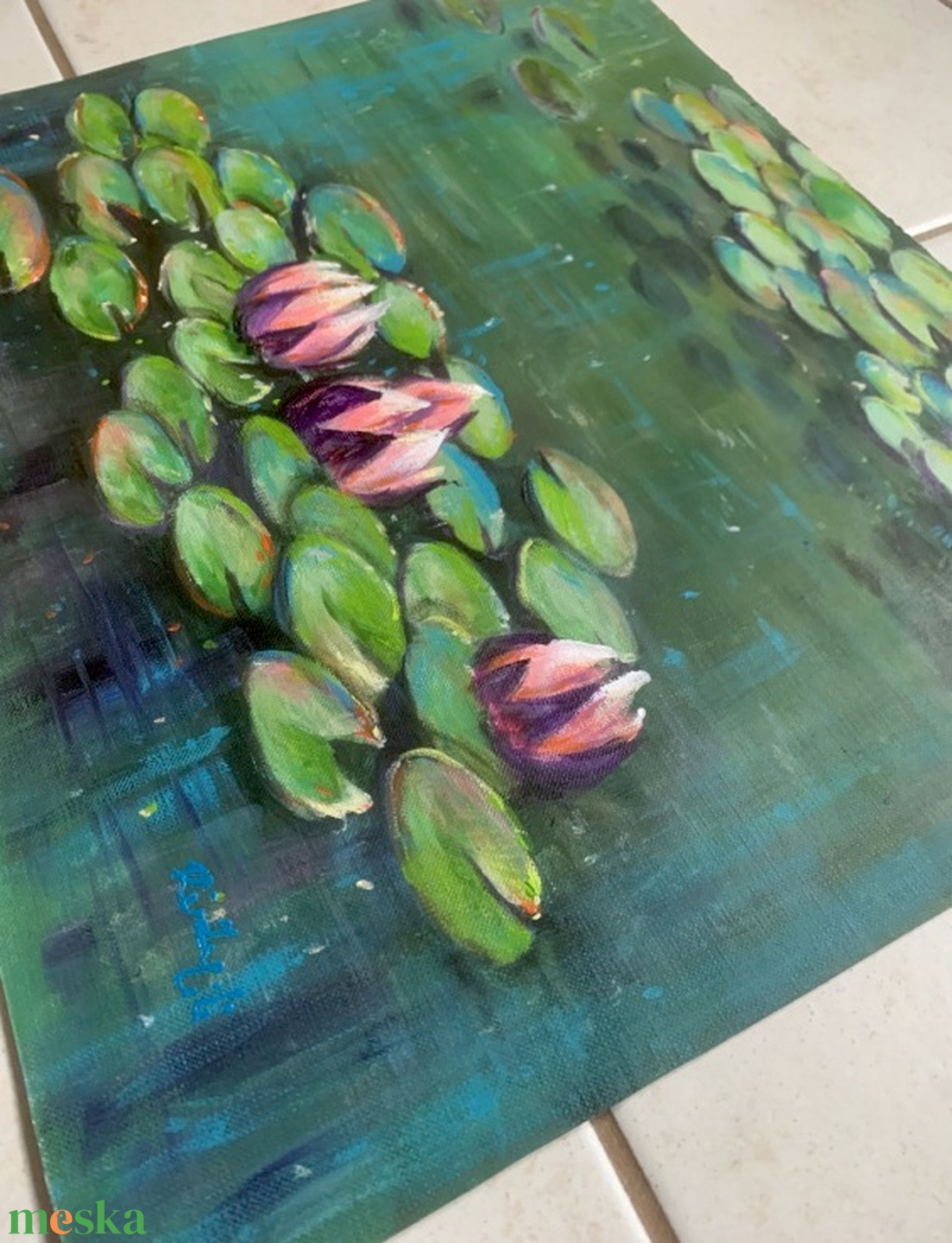 Nyugalomban ringatózva - keretezett akrilfestmény - 31 x 37,5 cm - vízi liliom, water lily - művészet - festmény - akril - Meska.hu