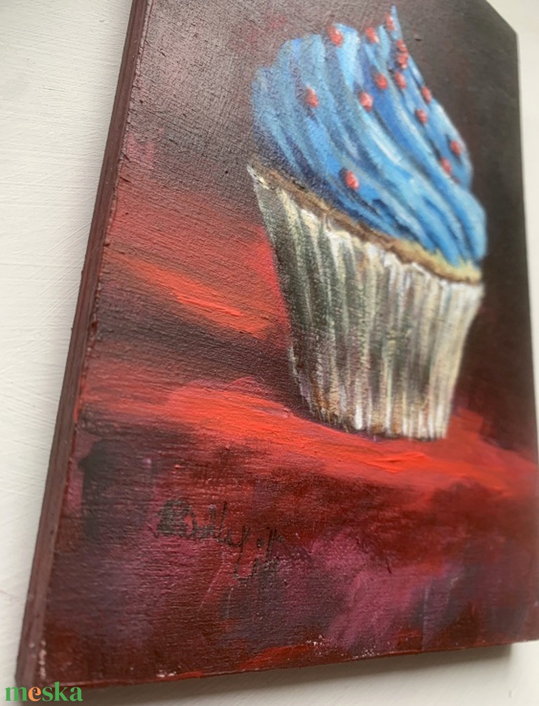 Kékhabos cupcake - deszkakép - 19,5 x 13 cm - művészet - festmény - akril - Meska.hu