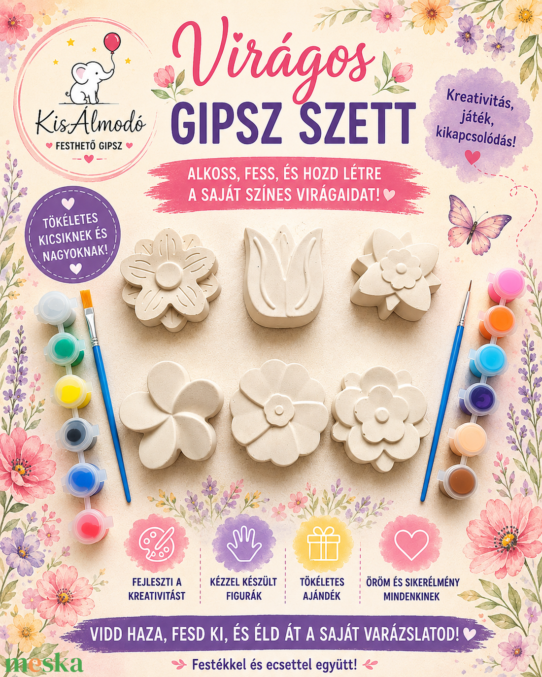 Virágos gipsz festő szett  - diy (csináld magad) - egységcsomag - Meska.hu