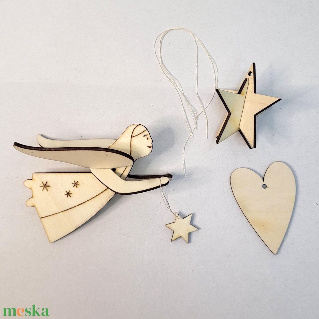 Kifesthető fa dísz szett � repülő angyal, csillag és szív (lézervágott, 6�12 cm) - diy (csináld magad) - egységcsomag - Meska.hu
