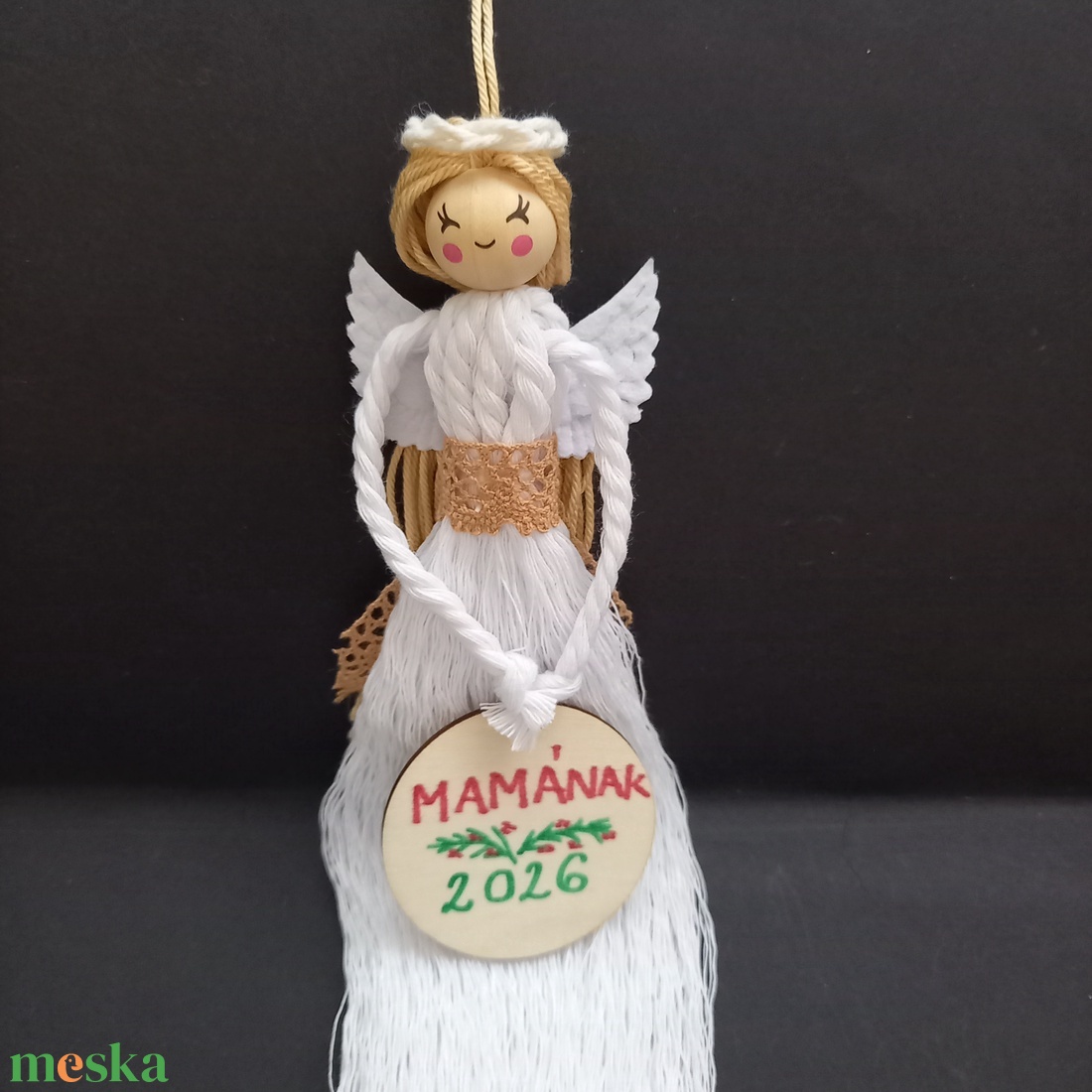 Makramé angyal, angyalka 19 cm - karácsony - karácsonyi lakásdekoráció - karácsonyfadíszek - Meska.hu