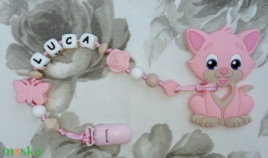 Szilikon rágcsalánc  rózsaszín cica figurával, névvel - játék & sport - 3 éves kor alattiaknak - rágóka - Meska.hu