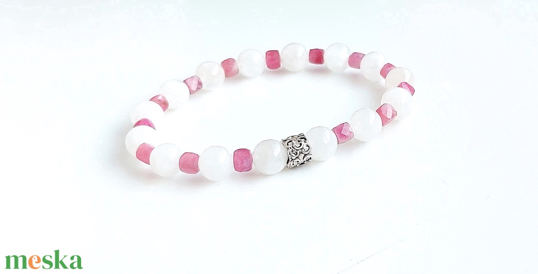 Összhang - rubellit holdkő drágakő karkötő, ásványkarkötő ezüsttel - ékszer - karkötő - gyöngyös karkötő - Meska.hu