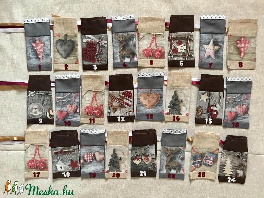Textil adventi naptár, 24 db egyedi számozott zsák selyemszalaggal - karácsony - Meska.hu Textil adventi naptár, 24 db egyedi számozott zsák selyemszalaggal - karácsony - Meska.hu