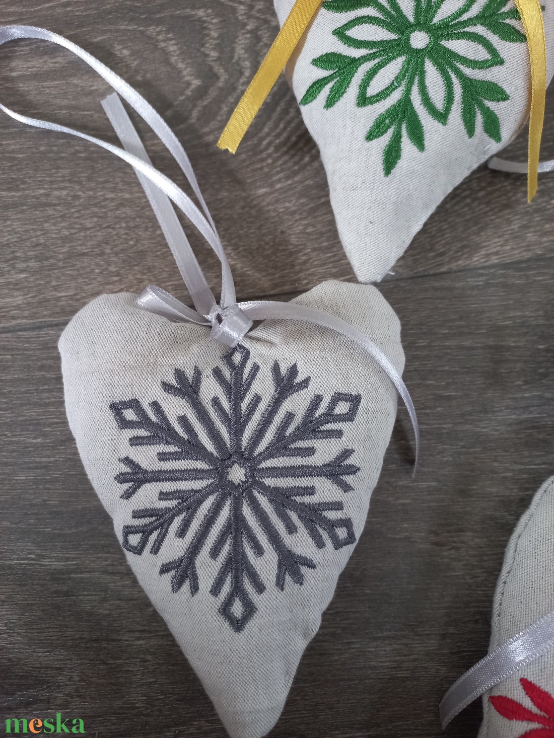 Len szív karácsonyfadísz - karácsony - adventi díszek - adventi asztaldísz - Meska.hu