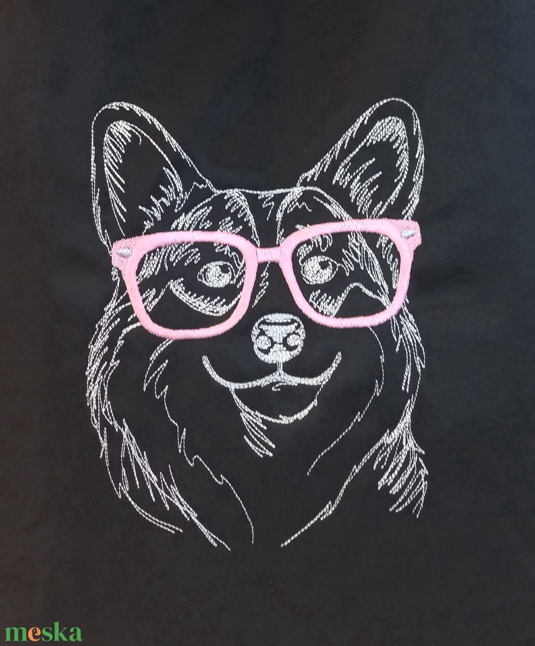 Selymes vászontáska szemüveges corgi hímzéssel - táska & tok - bevásárlás & shopper táska - shopper, textiltáska, szatyor - Meska.hu