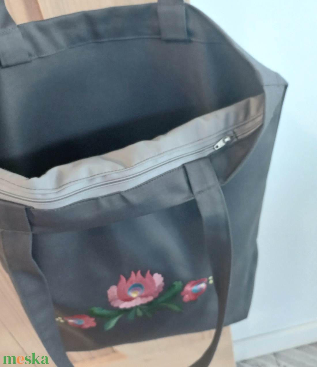 Szürke hímzett vászontáska / matyó fűzér hímzéssel - táska & tok - bevásárlás & shopper táska - shopper, textiltáska, szatyor - Meska.hu