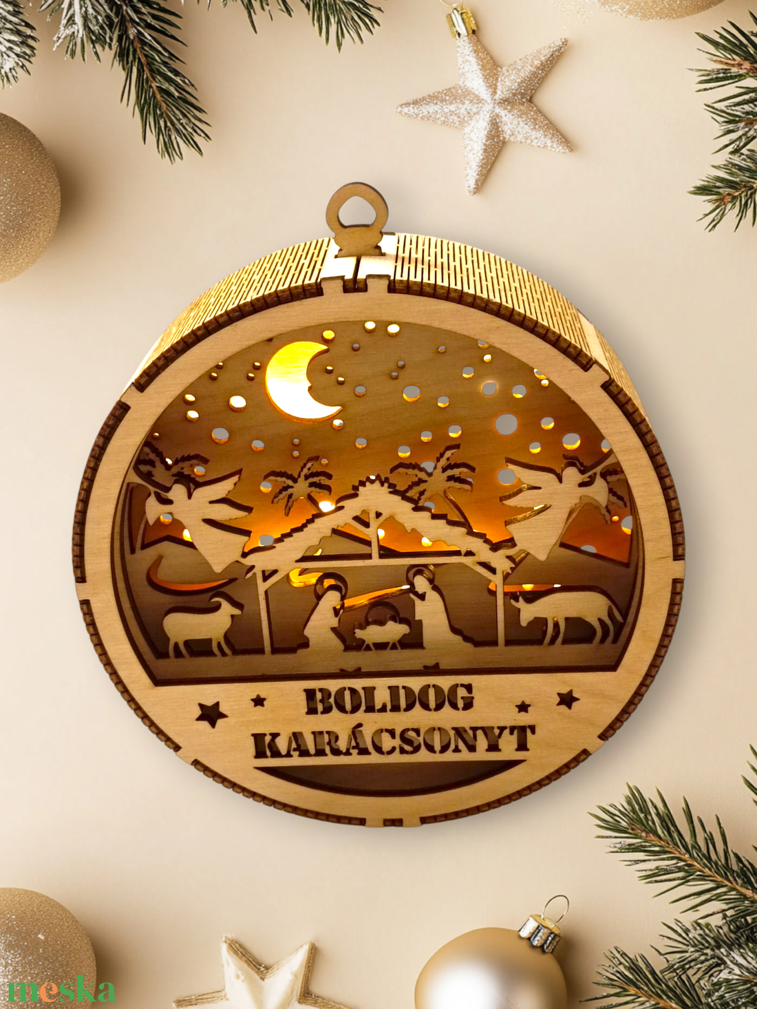 Karácsonyi Betlehem dekor doboz kör alakú LED világítással  meghitt, ünnepi asztaldísz - karácsony - karácsonyi lakásdekoráció - karácsonyfadíszek - Meska.hu
