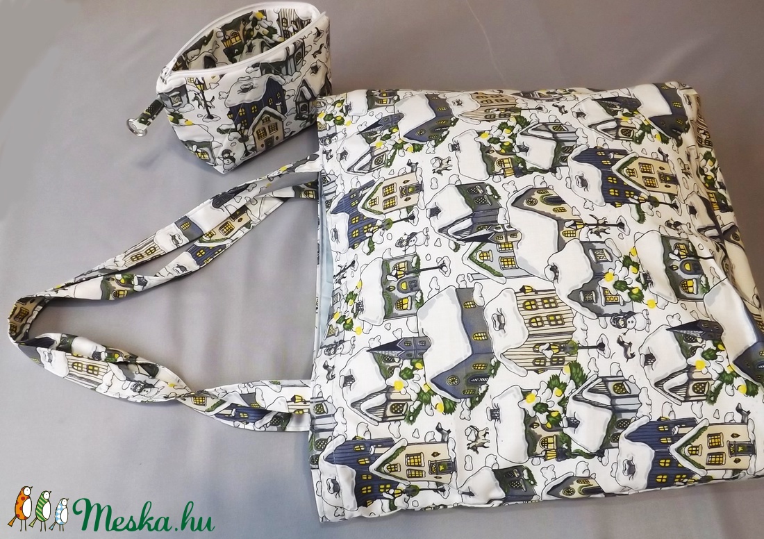 Havas házak, téli mintájú bevásárló szatyor és neszesszer szett - Nagy méret - táska & tok - bevásárlás & shopper táska - shopper, textiltáska, szatyor - Meska.hu Havas házak, téli mintájú bevásárló szatyor és neszesszer szett - Nagy méret - táska & tok - bevásárlás & shopper táska - shopper, textiltáska, szatyor - Meska.hu