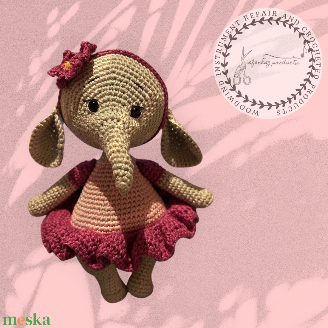 Horgolt fáni szoknyában, virágos fejpánttal - játék & sport - plüssállat & játékfigura - elefánt - Meska.hu