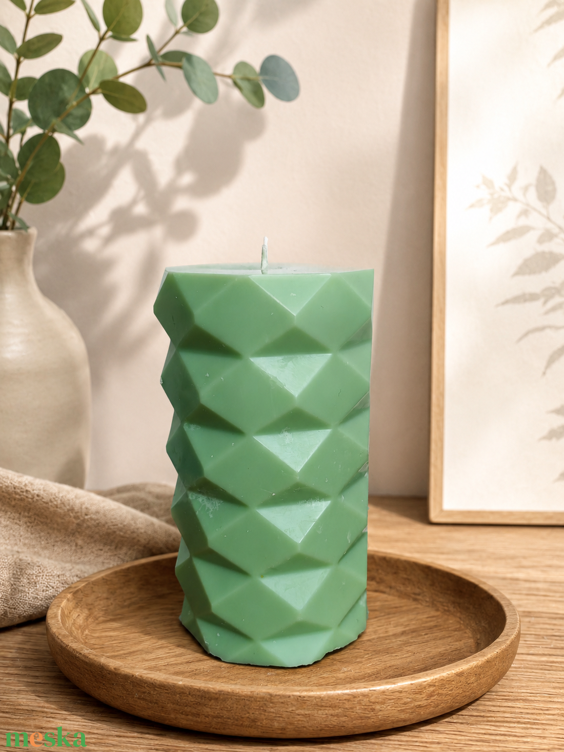 Mentazöld geometrikus hengergyertya - Prizmás mintájú modern lakásdekoráció - otthon & életmód - gyertya, illat, aroma - gyertya - Meska.hu