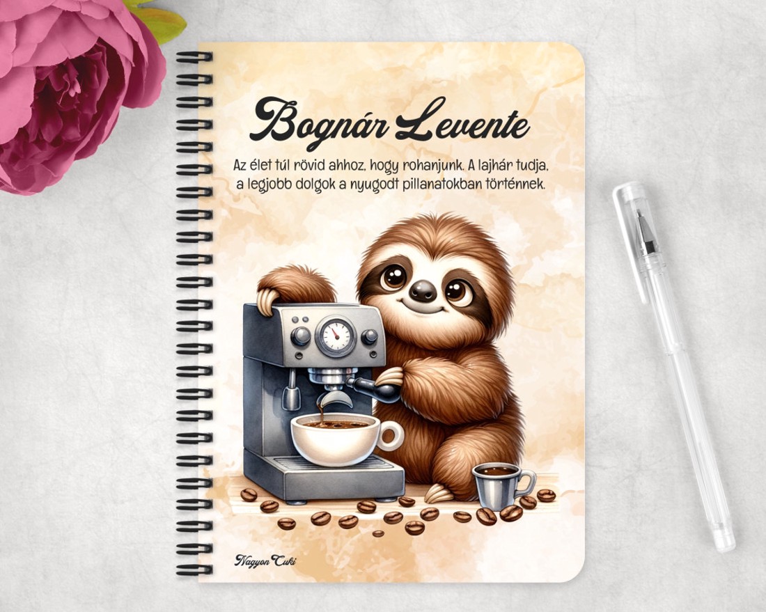 Személyre szabható - Barista Kávés lajhár mintás A5-ös füzet - otthon & életmód - papír, írószer - jegyzetfüzet & napló - Meska.hu