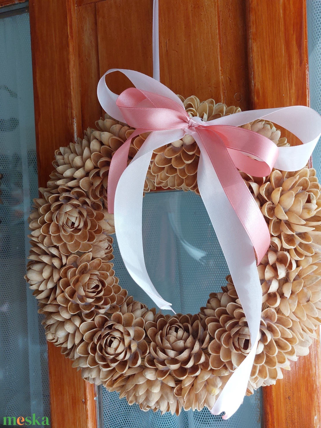 Rózsaszín masnis pisztácia ajtódísz  - otthon & életmód - dekoráció - ajtó- és ablak dekoráció - ajtódísz & kopogtató - Meska.hu