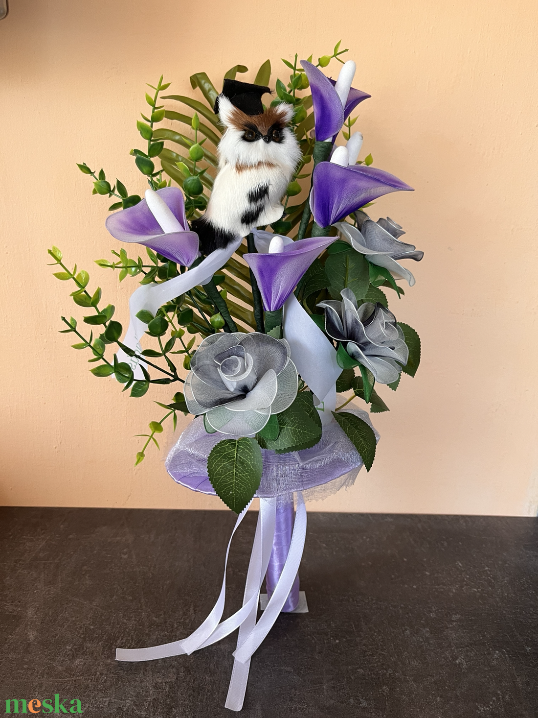 Ballagási harisnyavirág csokor bagollyal � lila elegáns ajándék - otthon & életmód - virágdekoráció - virágok - virágcsokor - Meska.hu