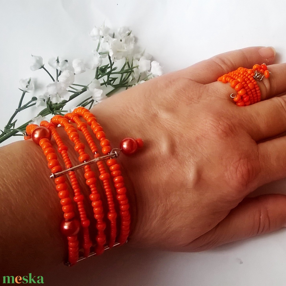 Narancs gyöngy szett - ékszer - ékszerszett - Meska.hu
