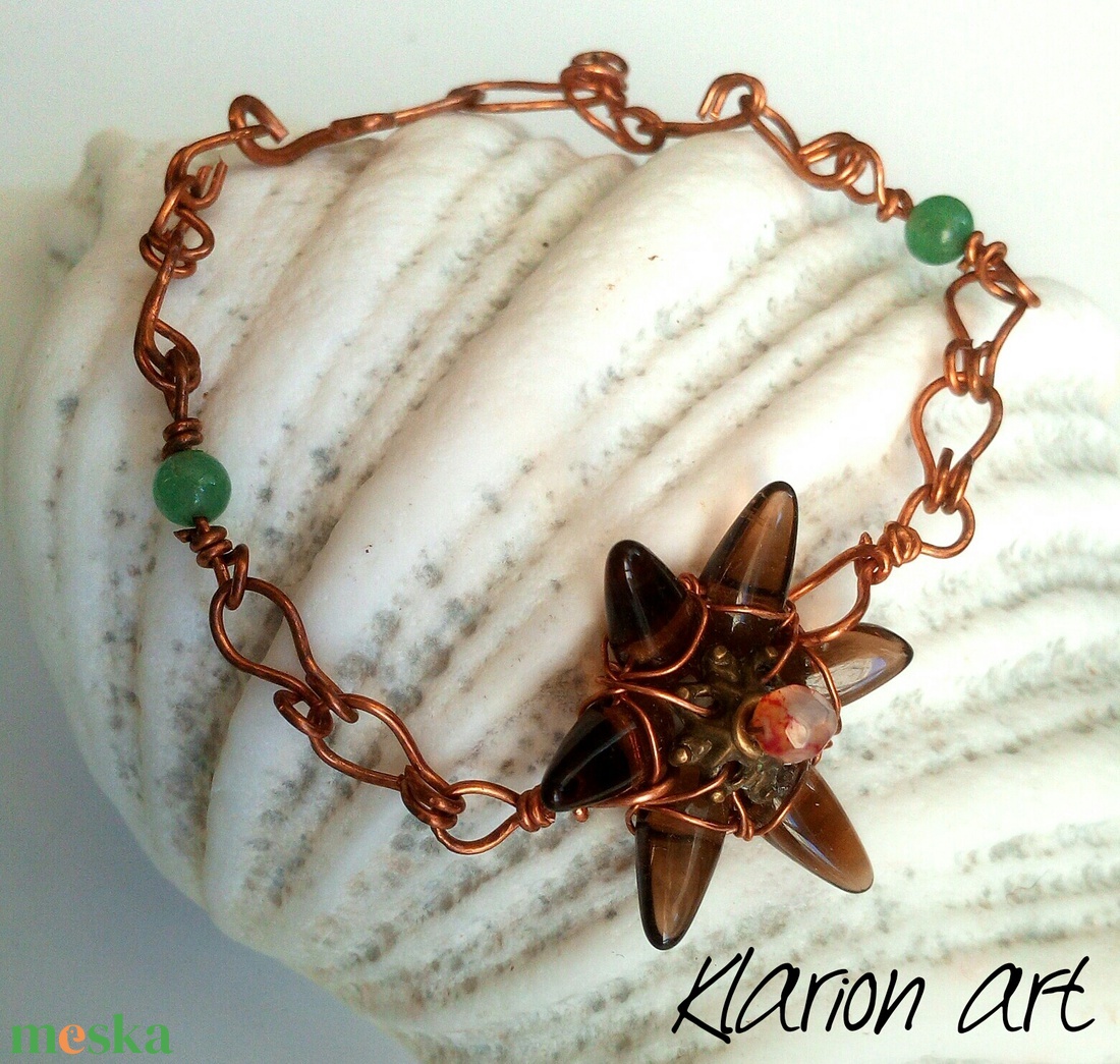 Réz, achát, jade ásvány és üveg  egyedi karkötő - ékszer - karkötő - gyöngyös karkötő - Meska.hu