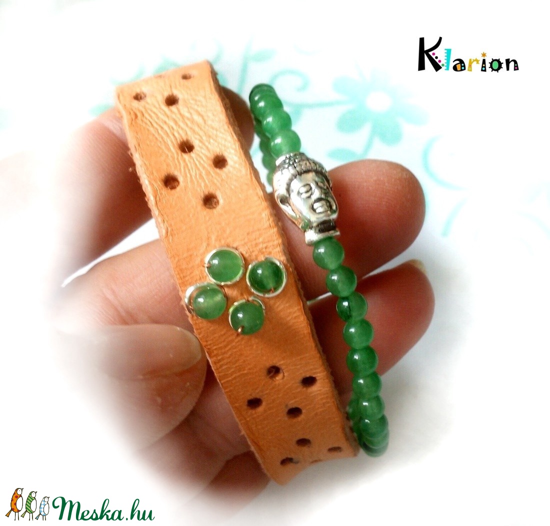 Jade Buddha ásványgyöngy és natúr bőr karkötő -  - Meska.hu
