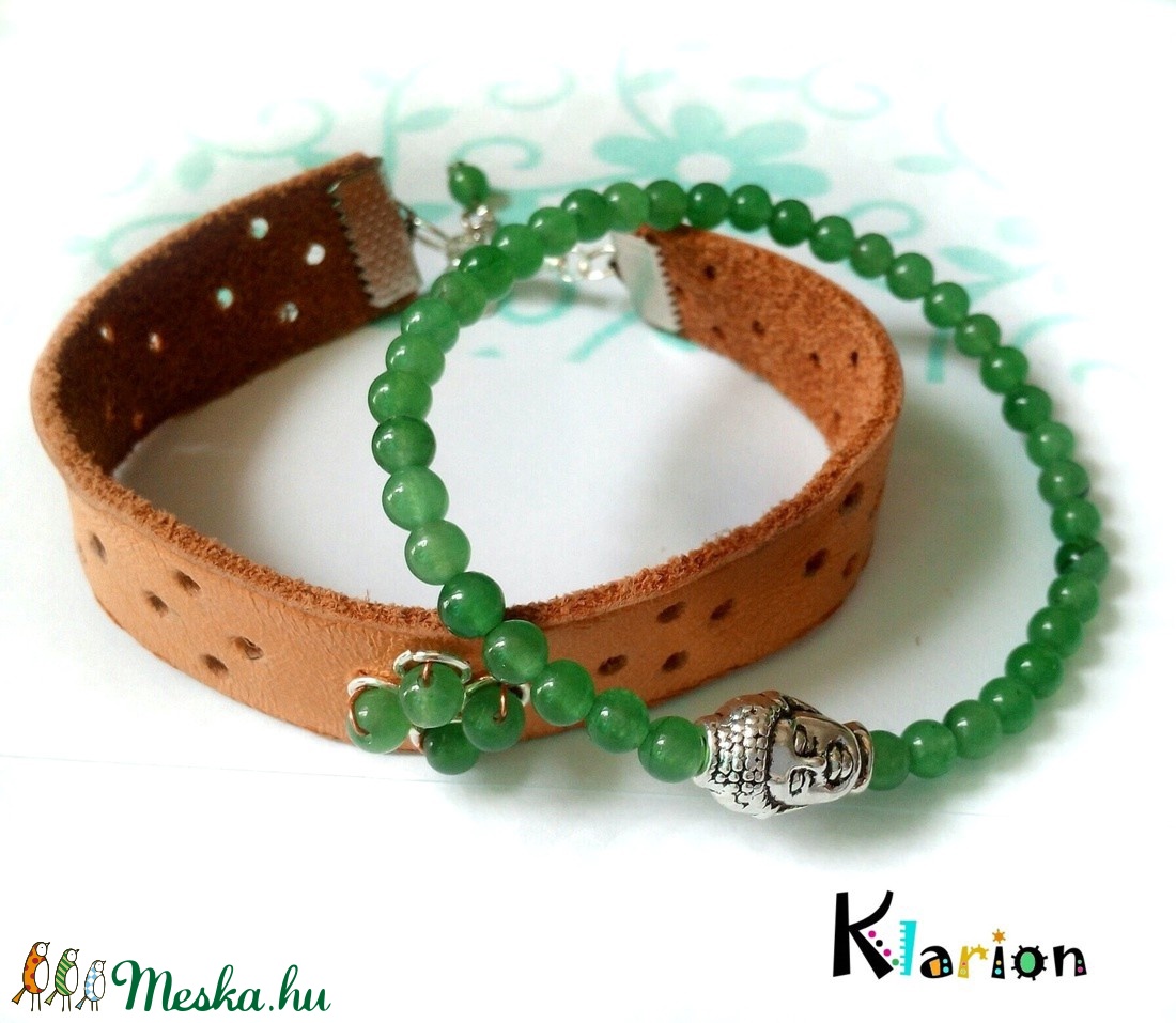 Jade Buddha ásványgyöngy és natúr bőr karkötő -  - Meska.hu