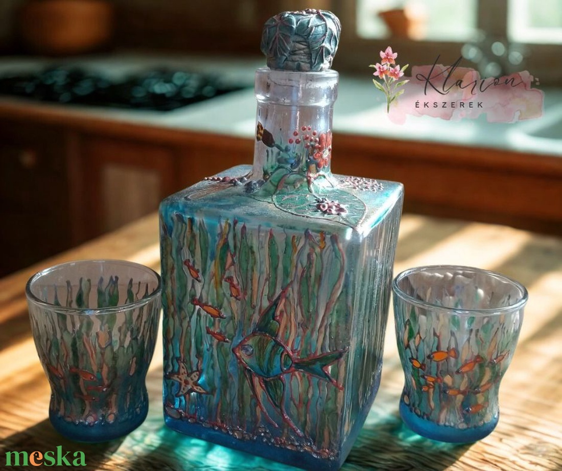Víz alatti világ, festett italos szett - otthon & életmód - dekoráció - asztal és polc dekoráció - díszüveg - Meska.hu
