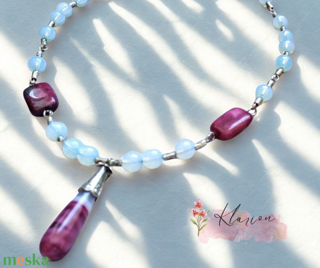 Onyx-karneol csepp, perzsa jade szögletes, fehér opál 8mm ásványgyöngy nyaklánc - ékszer - nyaklánc - medálos nyaklánc - Meska.hu