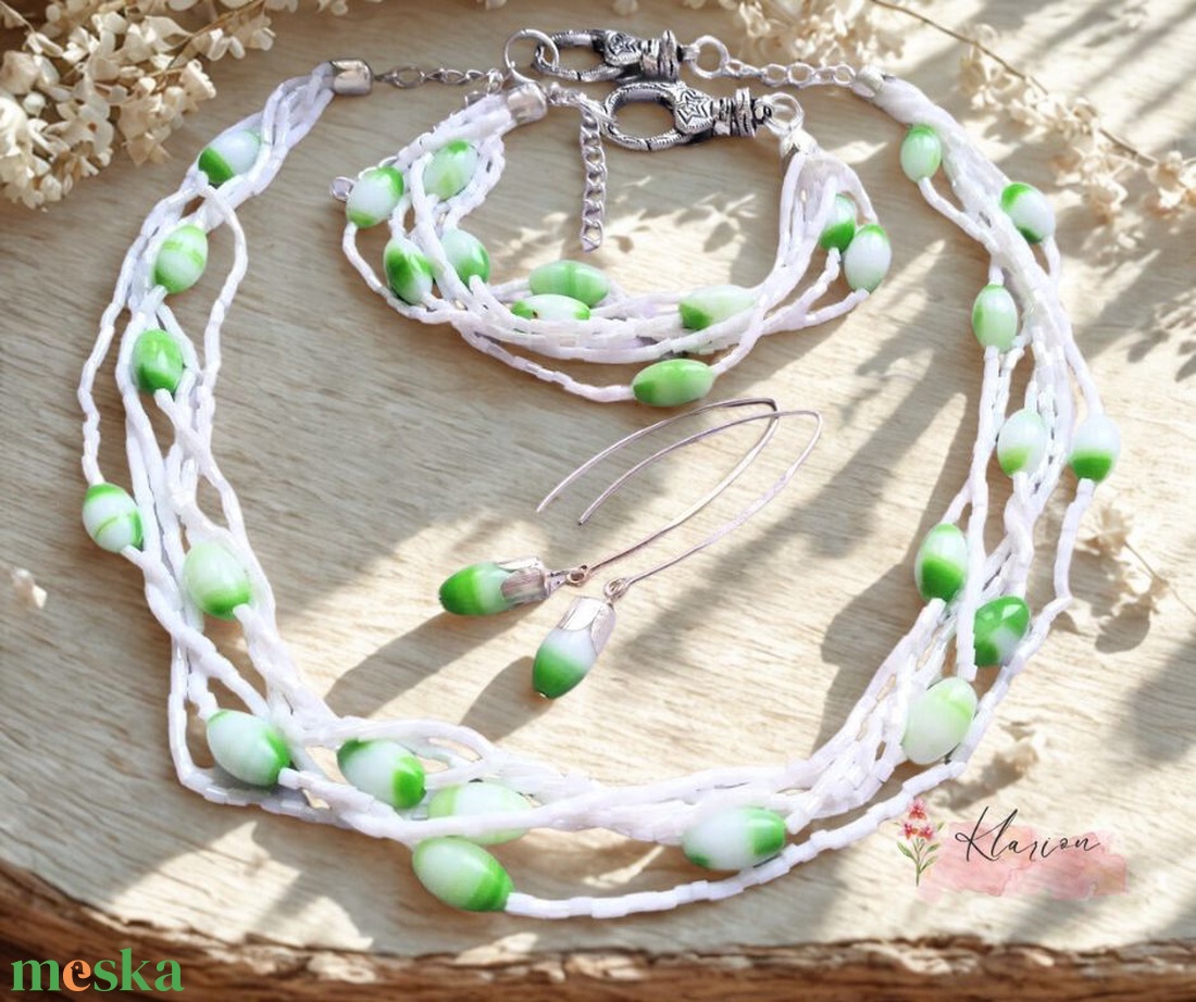 Pisztácia ékszer szett, nyaklánc, karkötő és fülbevaló - ékszer - ékszerszett - Meska.hu