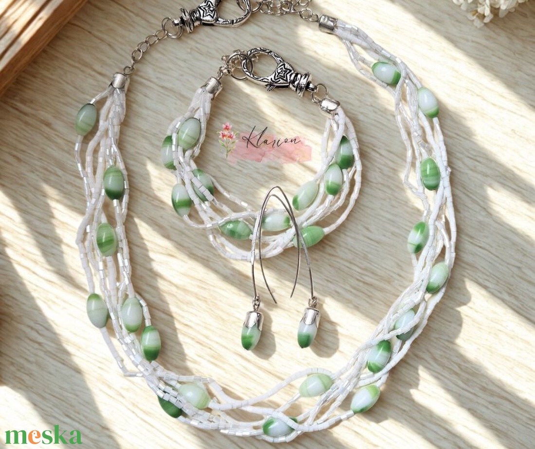 Pisztácia ékszer szett, nyaklánc, karkötő és fülbevaló - ékszer - ékszerszett - Meska.hu