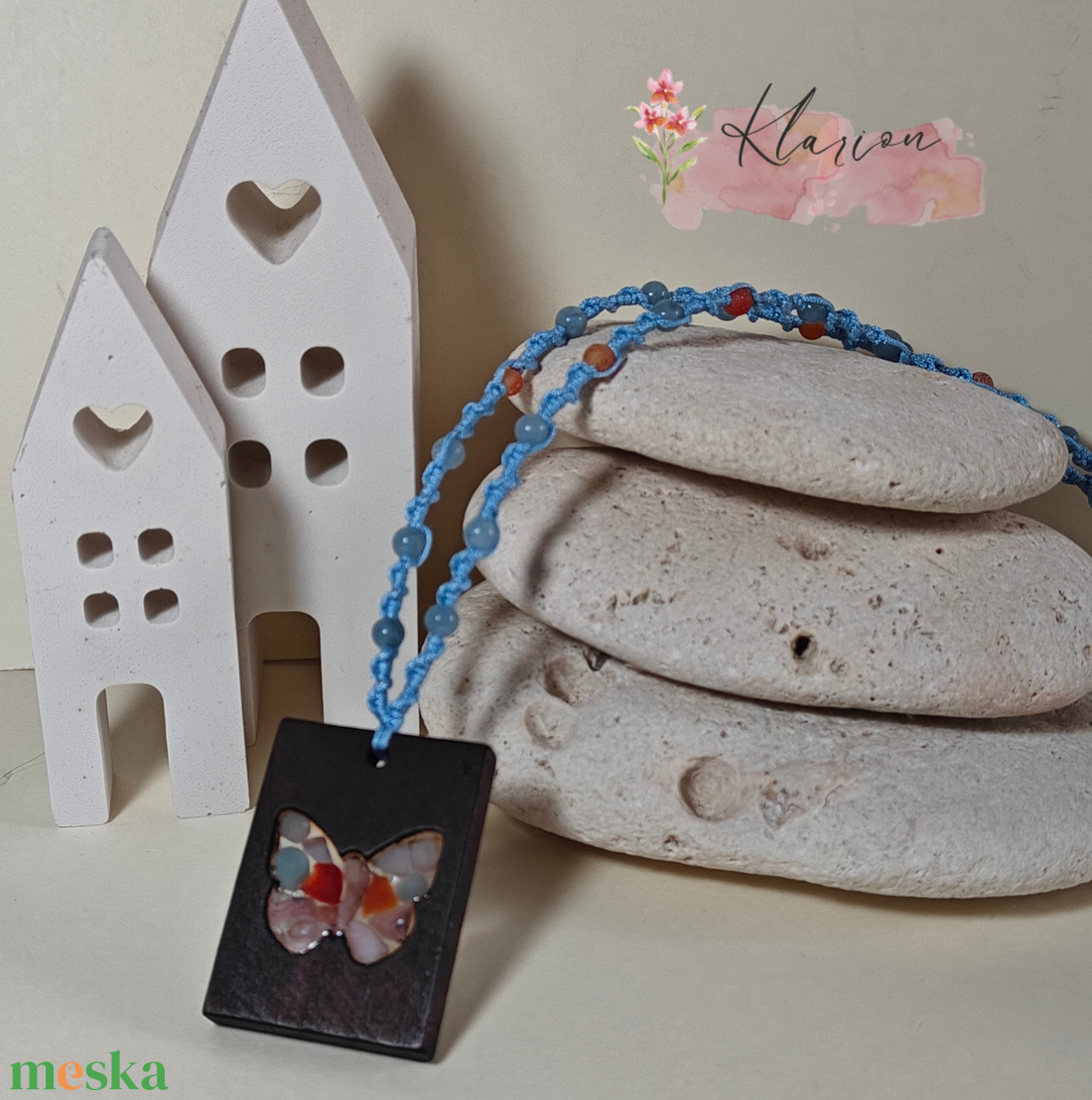 Pillangó fa és ásvány medál makramé nyakláncon - ékszer - nyaklánc - medálos nyaklánc - Meska.hu