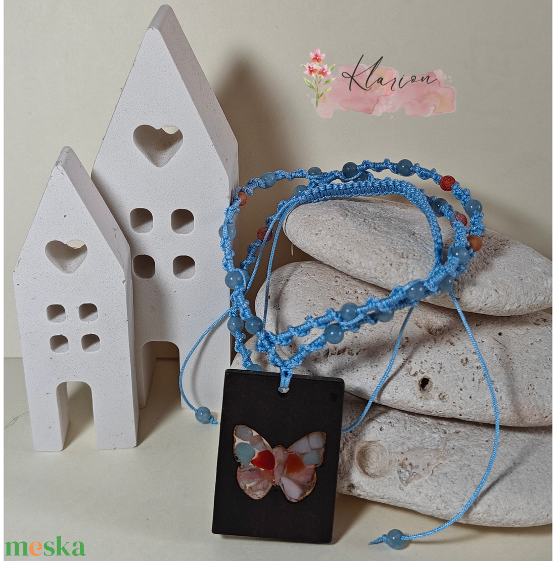 Pillangó fa és ásvány medál makramé nyakláncon - ékszer - nyaklánc - medálos nyaklánc - Meska.hu