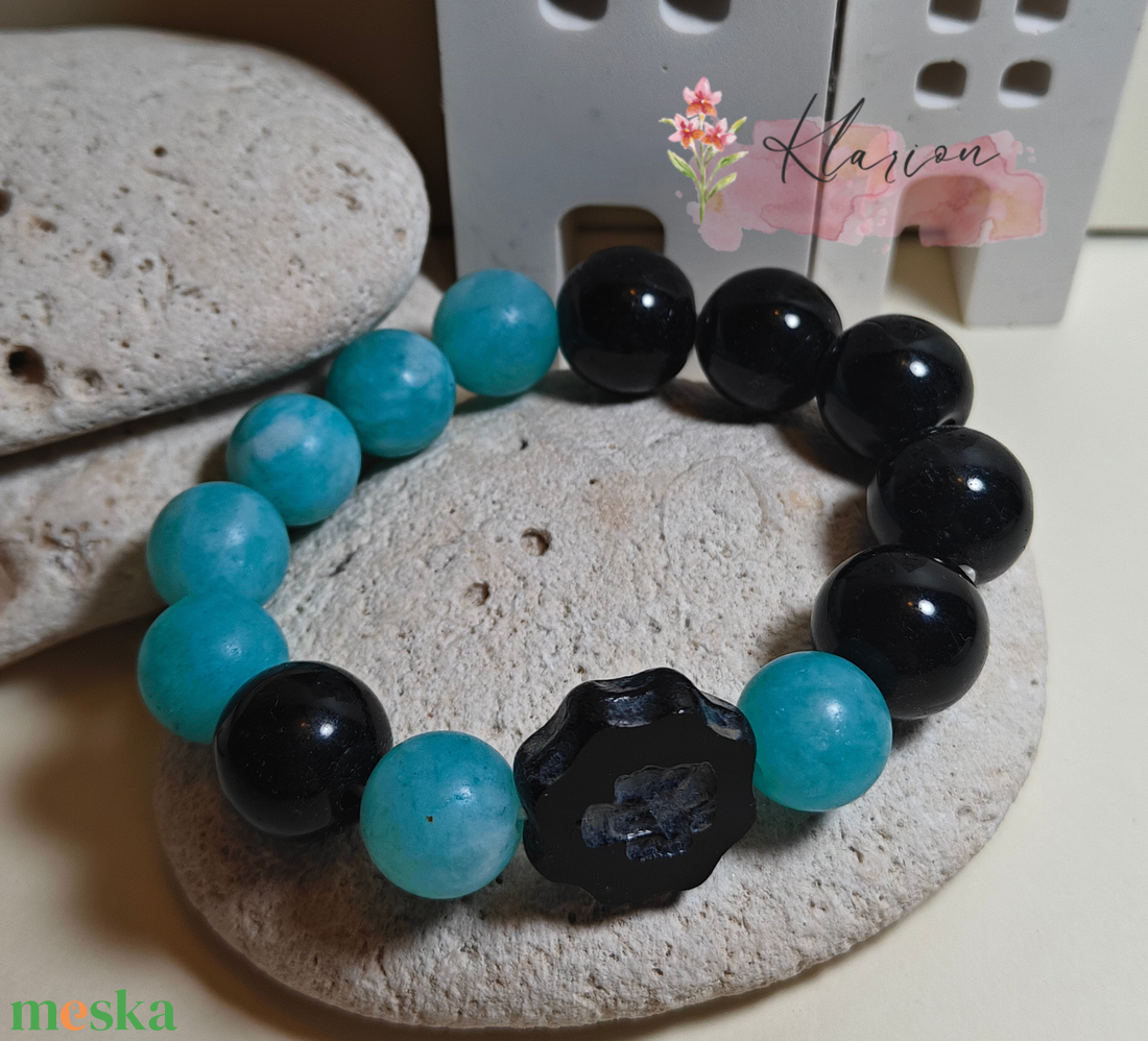 Nyugtató erő, obszidián és amazonit ásványgyöngy karkötő cseh üvegygönggyel - ékszer - karkötő - gyöngyös karkötő - Meska.hu