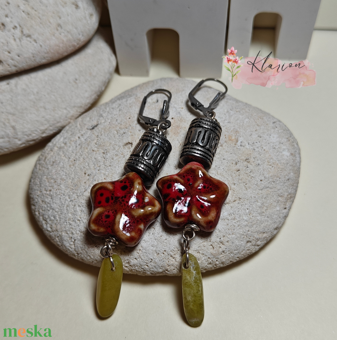 Mályvarózsa porcelán fülbevaló  - ékszer - fülbevaló - lógó fülbevaló - Meska.hu