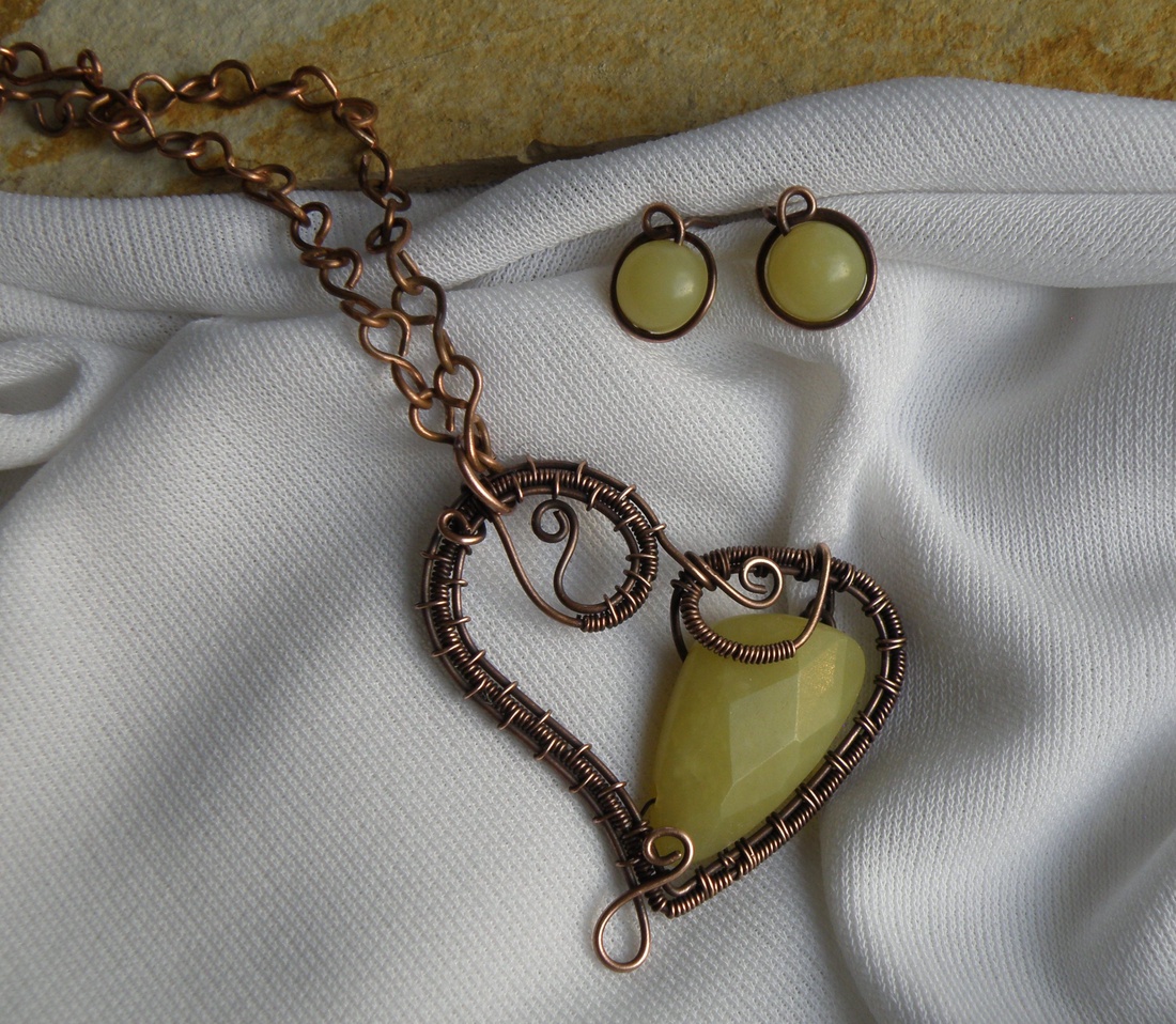 Citrom jáde vörösréz nyaklánc fülbevalóval -  - Meska.hu