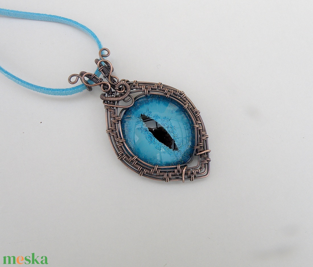 Türkiz sárkányszem vörösréz drótba foglalva - ékszer - nyaklánc - hosszú nyaklánc - Meska.hu