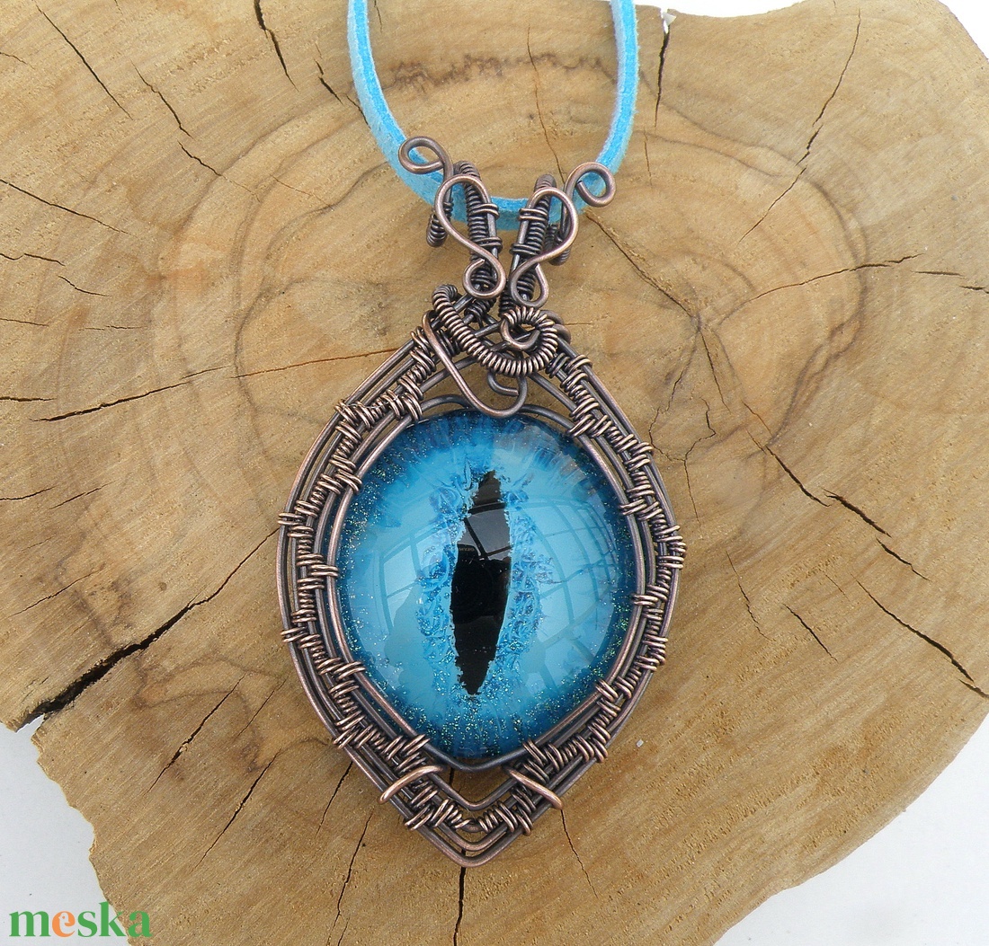 Türkiz sárkányszem vörösréz drótba foglalva - ékszer - nyaklánc - hosszú nyaklánc - Meska.hu