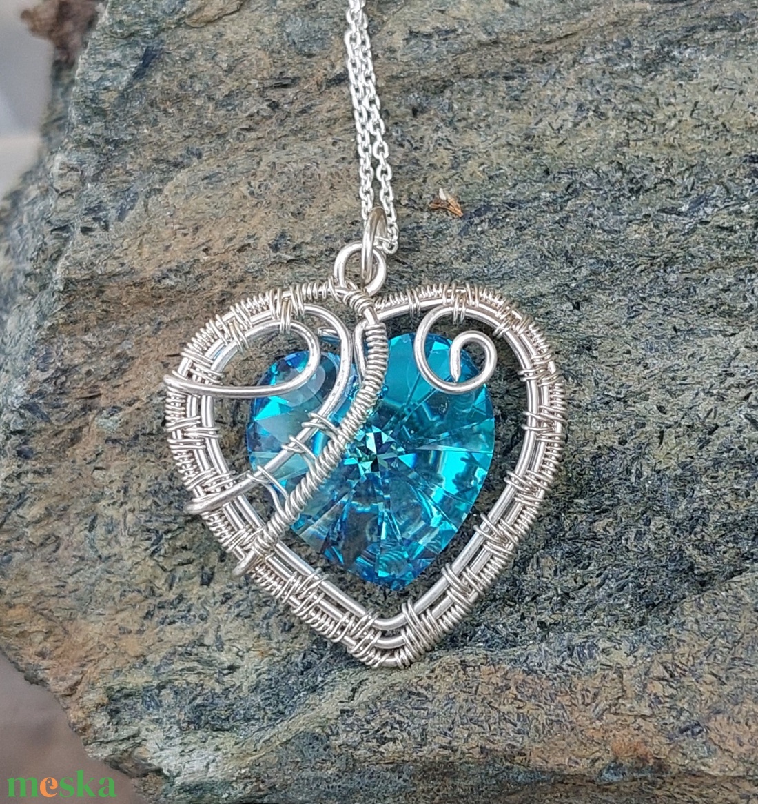 Kék szív igazi ezüstben - ékszer - nyaklánc - medálos nyaklánc - Meska.hu