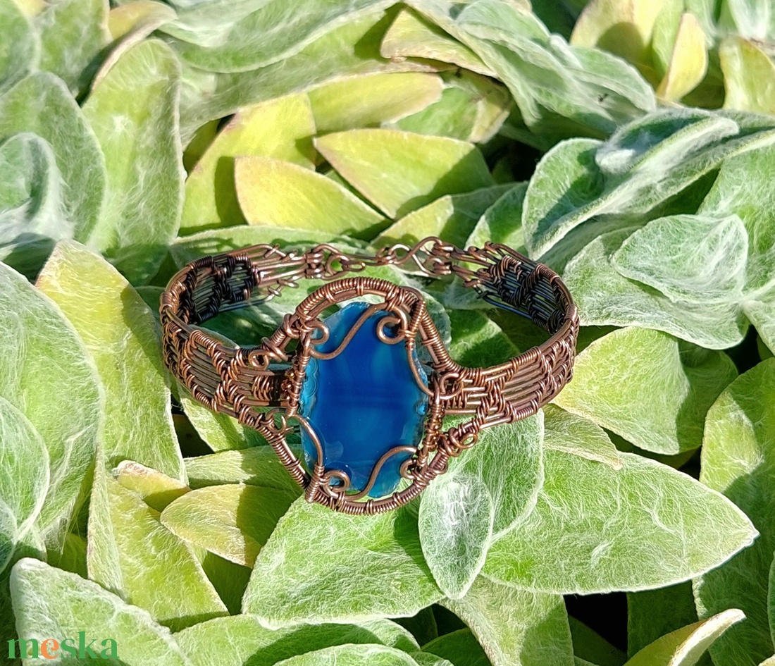 Vörösréz karkötő sötétkék achát lappal - ékszer - karkötő - széles karkötő - Meska.hu