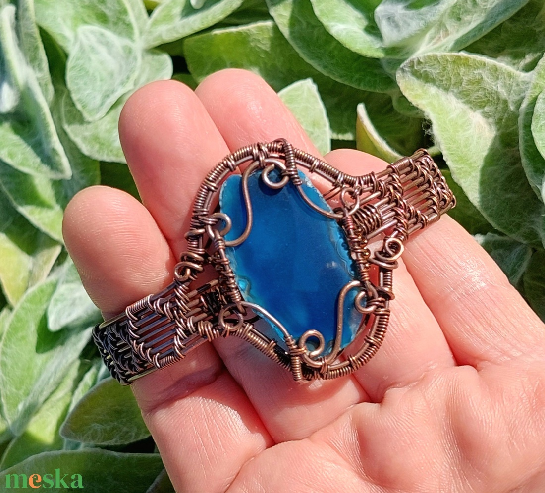 Vörösréz karkötő sötétkék achát lappal - ékszer - karkötő - széles karkötő - Meska.hu