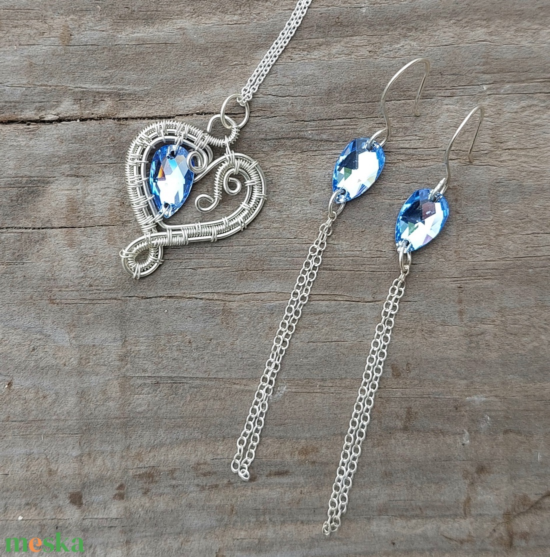 Sterling ezüst drótékszer szett kék swarovski kristályokkal - ékszer - ékszerszett - Meska.hu