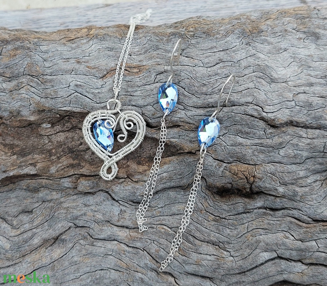 Sterling ezüst drótékszer szett kék swarovski kristályokkal - ékszer - ékszerszett - Meska.hu