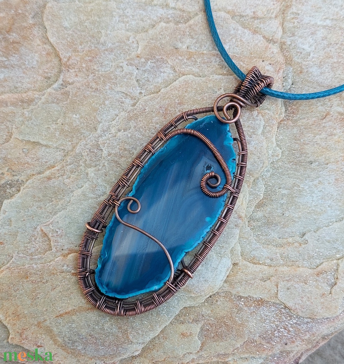 Vörösréz drótékszer szett sötétkék achát ásványokkal - ékszer - ékszerszett - Meska.hu